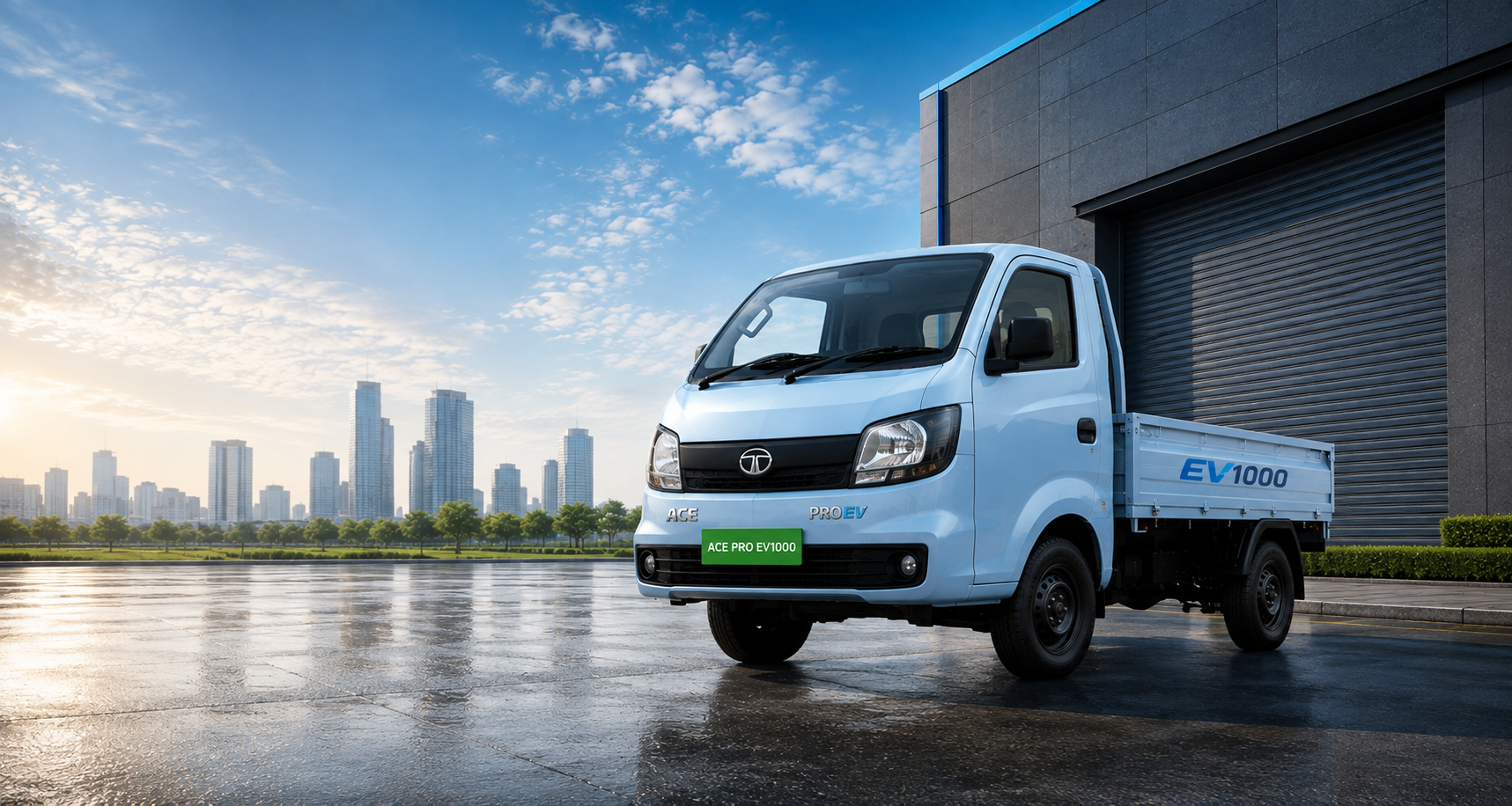 Tata Ace Pro EV1000 electric mini truck parked outside a commercial warehouse